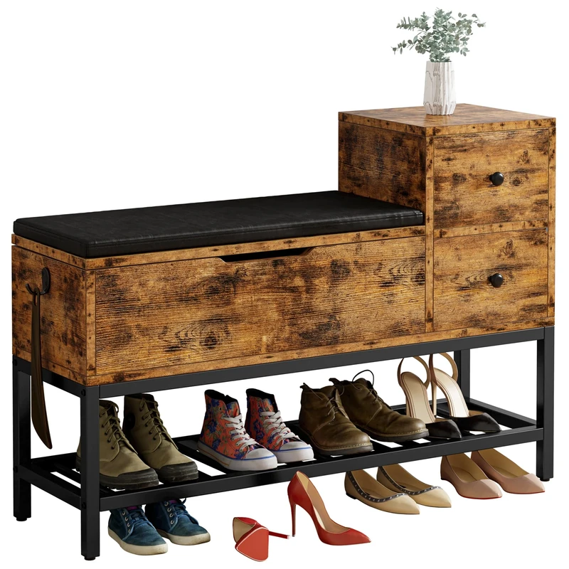IRONCK Shoe Bench, 2 Tier Shoe Rack with Hidden Storage and 2 Drawers, Shoe Storage Bench with removable Seat Cushion and Shoehorn, Hallway Entryway Bench, 100x30x67cm, Vintage Brown