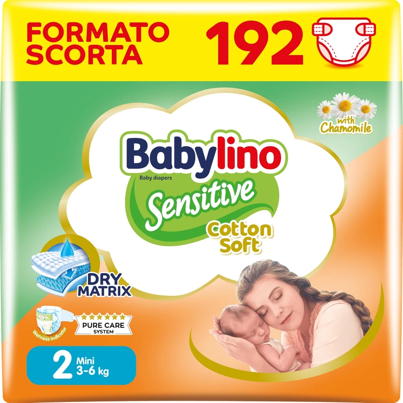 Babylino Sensitive Cotton Soft, Baby Nappies Size 2, Mini (3-6 kg), 192 Units