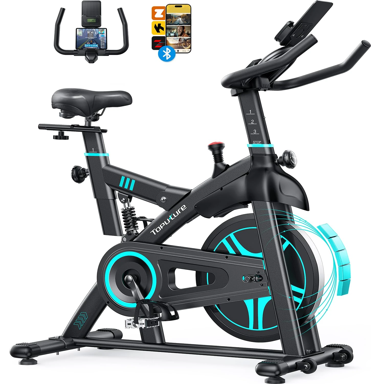 Toputure Exercise Bike with APP, Shock Absorption Spin Bike, 0-100% Magnetic Resistance, Max 350 lbs,15kg Flywheel, LCD Display, Ultra-quiet Stationary Indoor Bikes for Home Gym