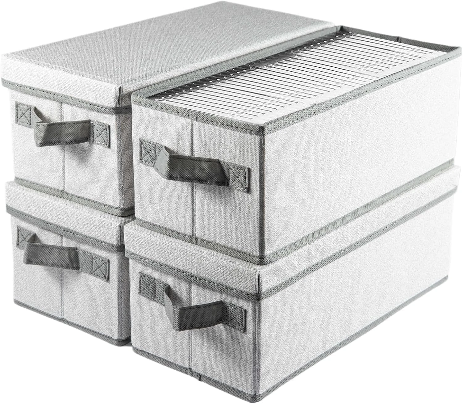 JF HOME BLISS Set of 4 CD Storage Boxes Foldable Case with Lids 14"x6.7"x5.5" Small Basket Holds 30 CDs in Full Jewel Cases 60 CDs in Slim Cases 165 Discs in CD Sleeves Gery