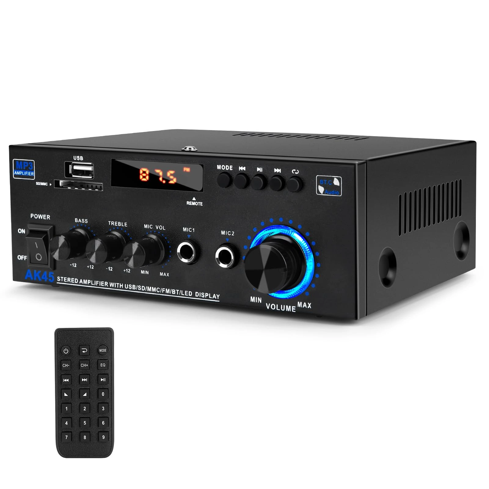 Bluetooth Amplifier AK55-2 Channel Speaker Amplifier Car Amp HiFi for Speakers FM Radio, Karaoke, w/USB/2 MIC/SD/MMC/FM Inputs & Remote Control, for Home Theater & Bookshelf Speakers (AK45)