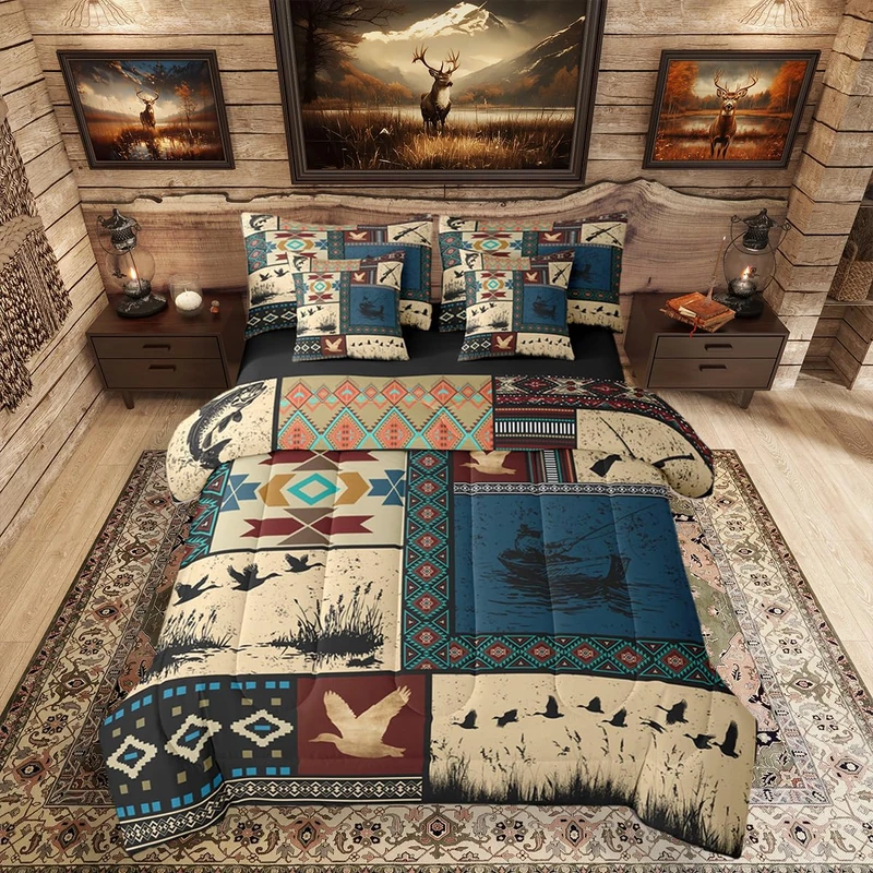 Erosebridal 7 Pieces Boys Wild Duck Fish Bedding Set Twin Size | Hunting and Fishing Comforter Set for Kids Teens Adults Rustic Cabin Lodge Bed in A Bag Rural Country Farmhouse Animal Quilt Sets