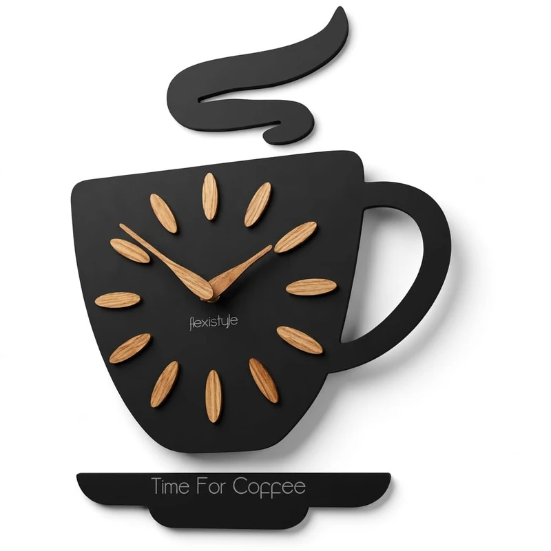 FLEXISTYLE Rustic Wall Clocks Kitchen "Coffee Cup" Wooden - Quiet, Decorative for Kitchen, Cafe & Living Room