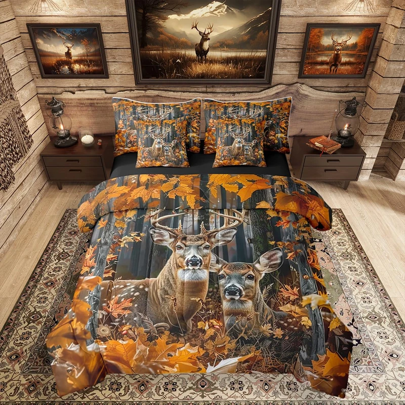 Erosebridal 7 Pieces Camo Deer Comforter Set with Sheets Queen Size | Rustic Hunting Deer Bedding Set for Kids Boys Men Adult Country Rural Hunting Animal Bed Sets Rustic Farmhouse Style Bed in A Bag