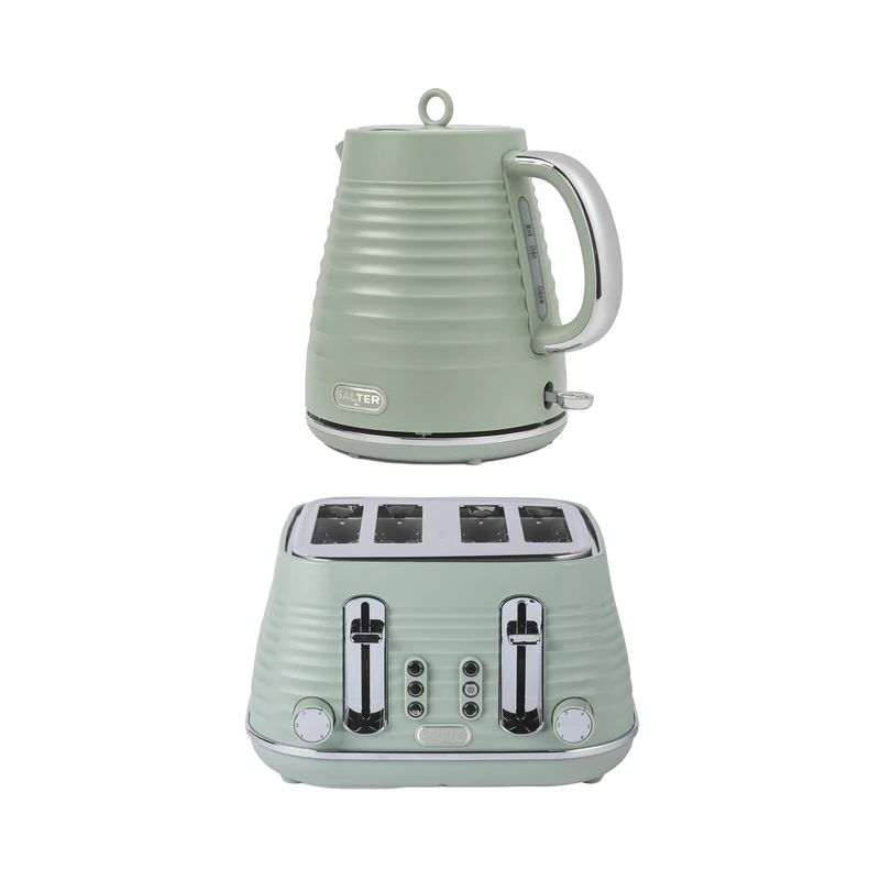 Salter Ripple Sage Toaster & Kettle Set – 4-Slice 1630W Toaster, 6 Browning Levels, Defrost/Reheat/Cancel, 1.7L Rapid Boil Kettle with Removable Limescale Filter, Auto Shut-Off, Textured Design - Image 1