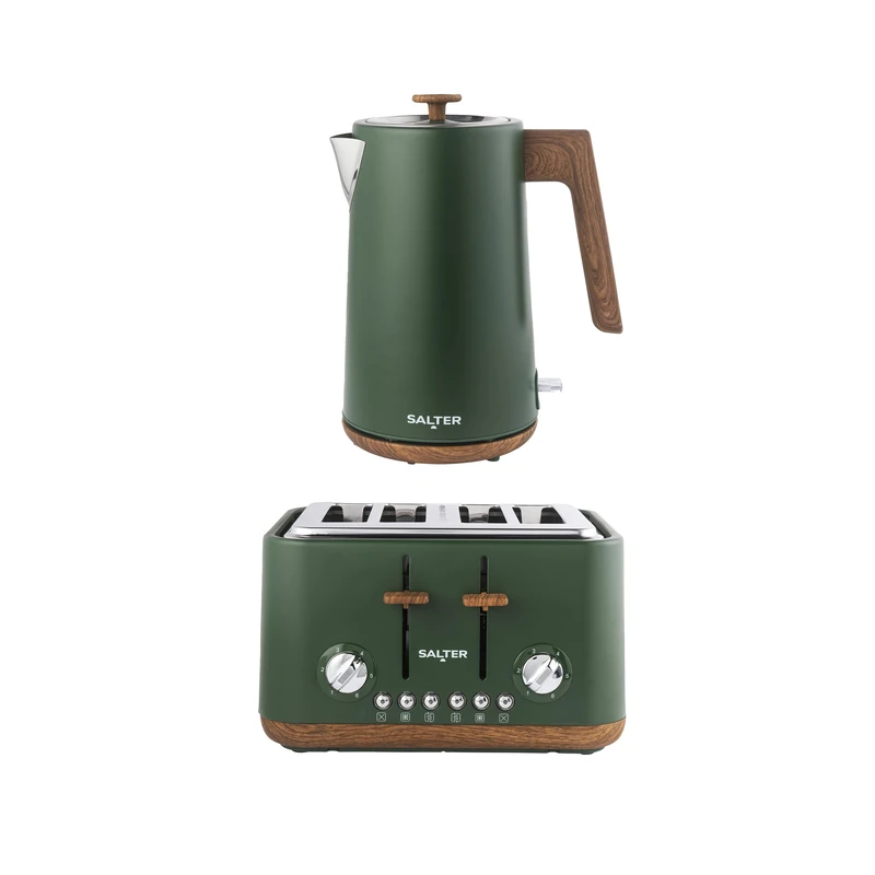 Salter Toronto Green Toaster & Kettle Set – 4-Slice 1630W Toaster with 6 Browning Levels & Wide Slots, 1.7L 3000W Rapid Boil Kettle with Limescale Filter, Auto Shut-Off & Wooden Accents