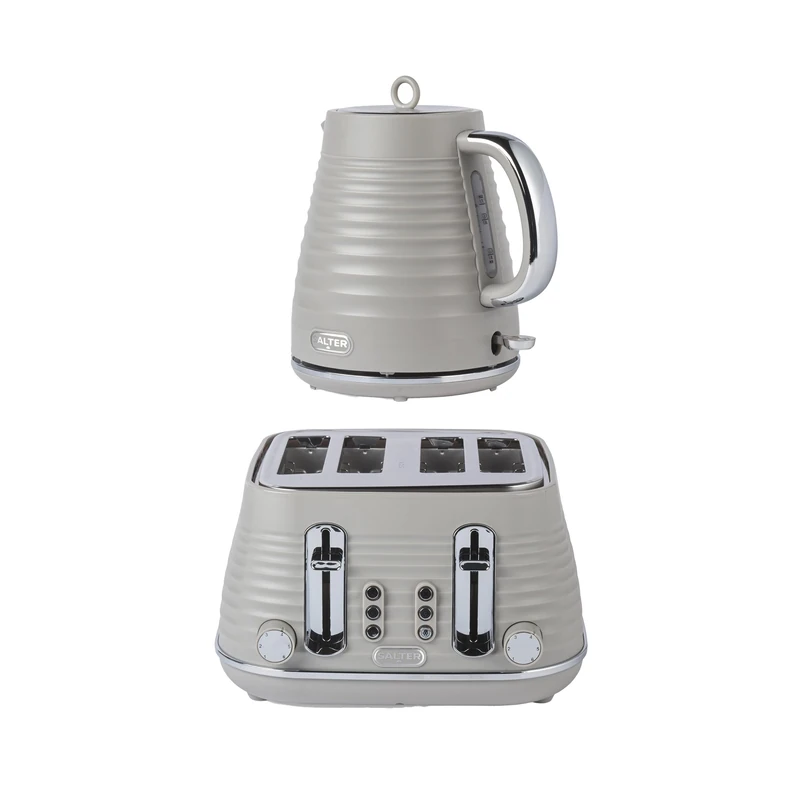 Salter Ripple Taupe Toaster & Kettle Set – 4-Slice 1630W Toaster, 6 Browning Levels, Defrost/Reheat/Cancel, 1.7L Rapid Boil Kettle with Removable Limescale Filter, Auto Shut-Off, Textured Design