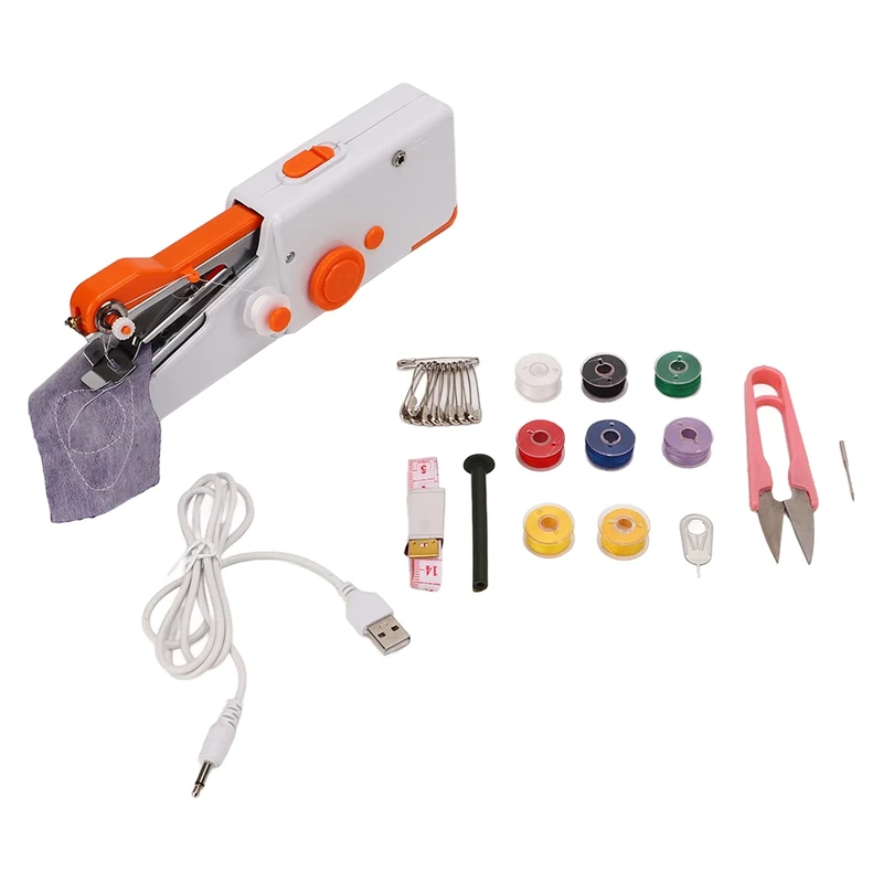 Handheld Sewing Machine Orange Portable Mini Lightweight Electric Sewing for Travel Family