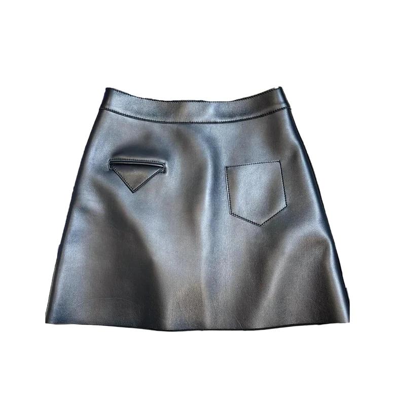 Women Solid Sheepskin Skirt Mini Genuine Leather A-Line Skirts Spring Fall Black