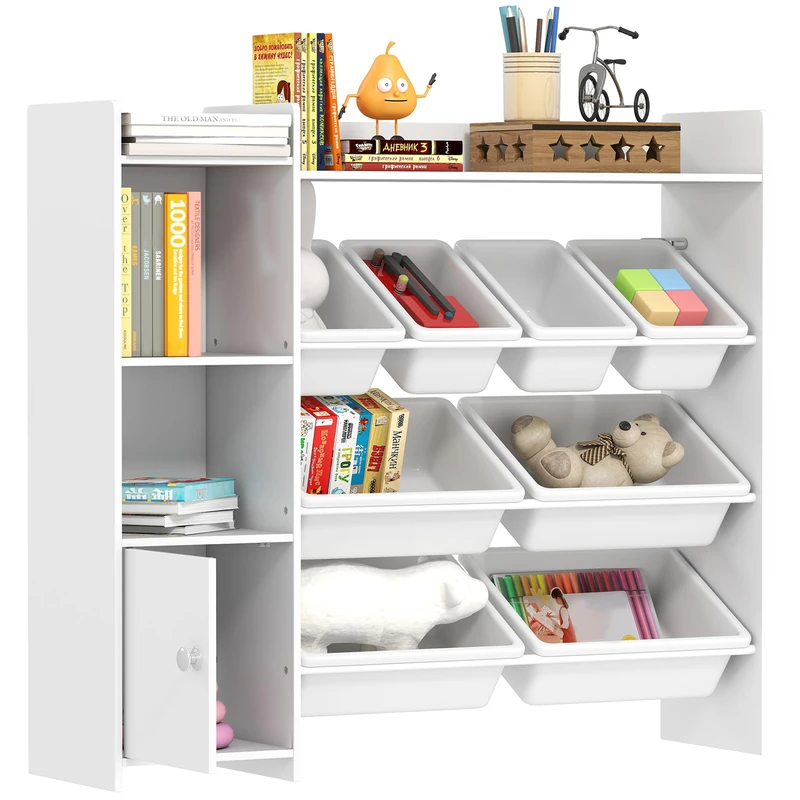 AIYAPLAY Toy Storage Unit, with 8 Removable Bins, Storage Shelves, Cabinet, Toy Organiser, for Playroom, Kids Room, Nursery, White