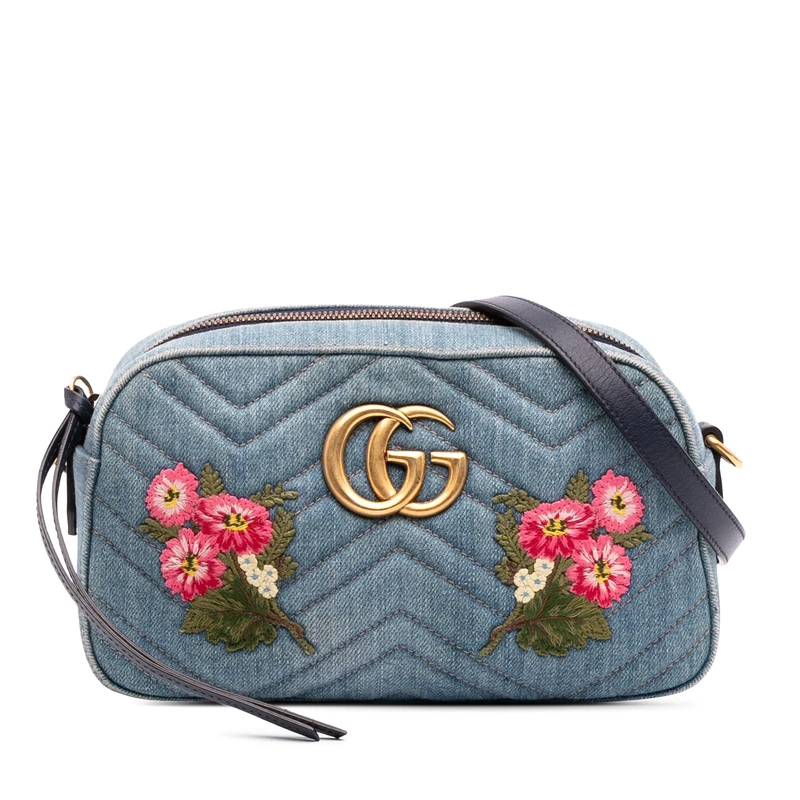Gucci Pre-Loved Small GG Marmont Embroidered Matelasse Denim Crossbody Bag