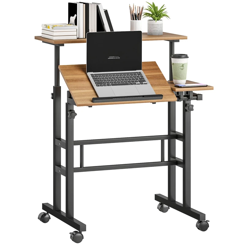 HOMCOM Standing Sitting Desk, Height Adjustable Desk 70 x 60 cm, Computer Table with Tilting Tray, Workstation for Bedroom, Small Spaces, Brown