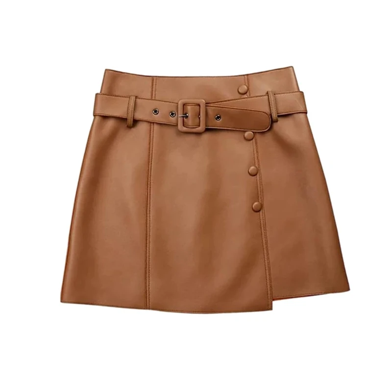 Women's Genuine Leather Mini Skirts Asymmetrical with Belt Brown
