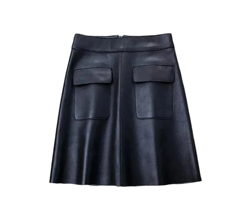 Women Genuine Leather Skirt A-Line Sheepskin with Pockets Back Zipper Fall Mini Skirts Black