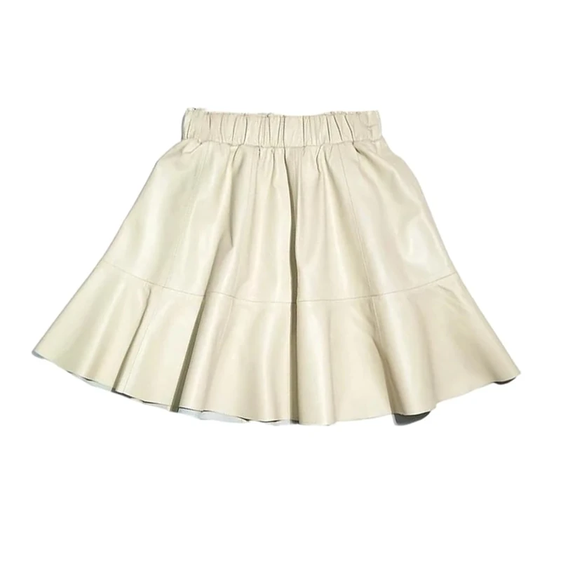 Women's Genuine Leather Skirts Elastic Waist Slim Fit Sheepskin Pleated Mini A Line Skirt Beige White