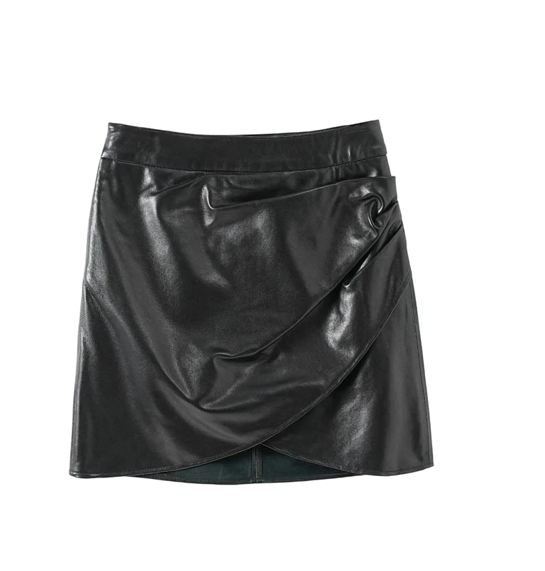 Women Genuine Leather Mini Skirt Short Sexy Sheepskin Front O-Line Pleated Mini Skirts Black