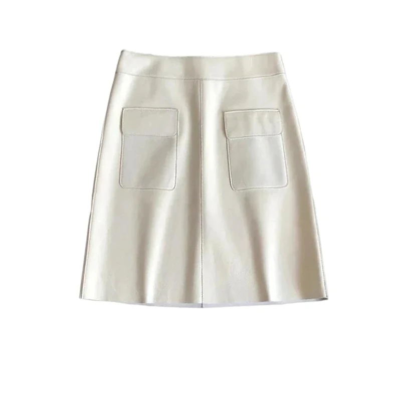 Women Leather A-Line Mini Skirt with Pockets & Back Zipper - White