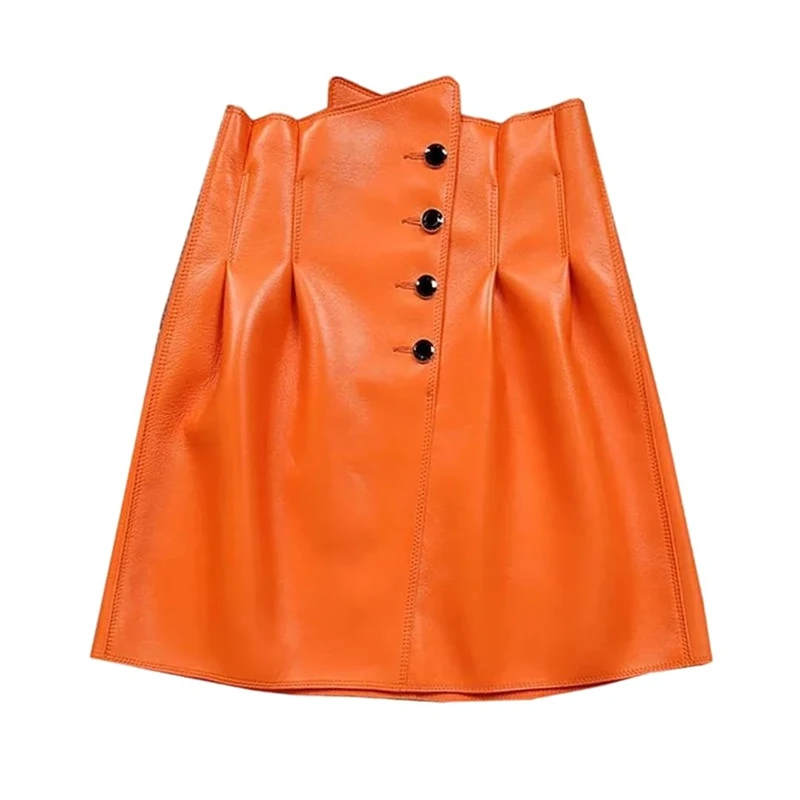 Women High-Waisted Short Skirt with Pleated Buttons Sexy A-Line Mini Skirts Orange