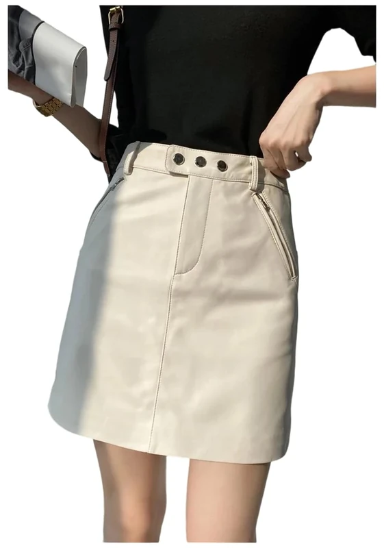 Women Sexy Genuine Leather Mini Skirt Spring Fall High Waist Button Vintage A-Line Skirts Beige