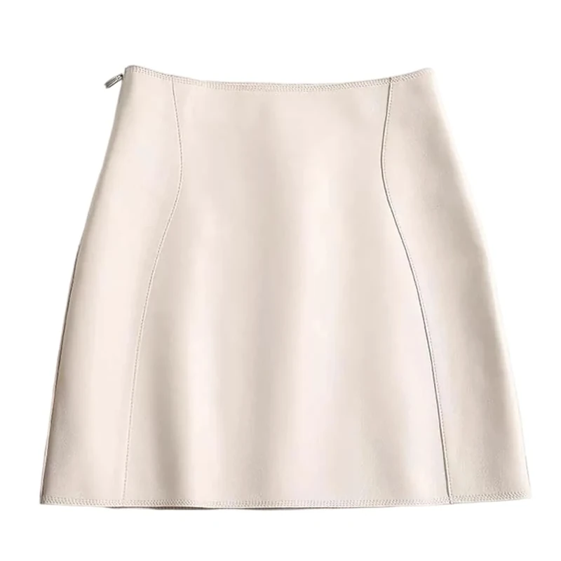 Women Genuine Leather Sexy Mini Skirt Spring High-Waisted A-Line Skirts Cream