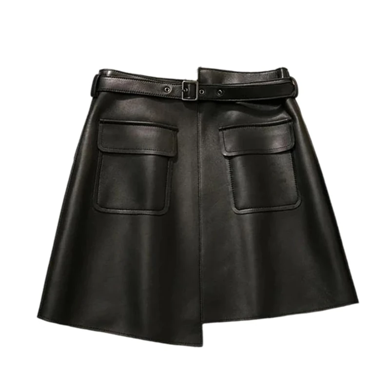 Women Genuine Leather Mini Skirt Irregular Belt Pocket Skirts Spring Fall Black
