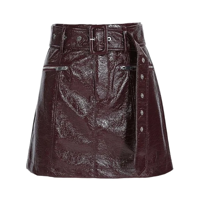 Women Genuine Leather Mini Skirt with Sheepskin High Waist Belt Vintage Spring Fall A-Line Skirts