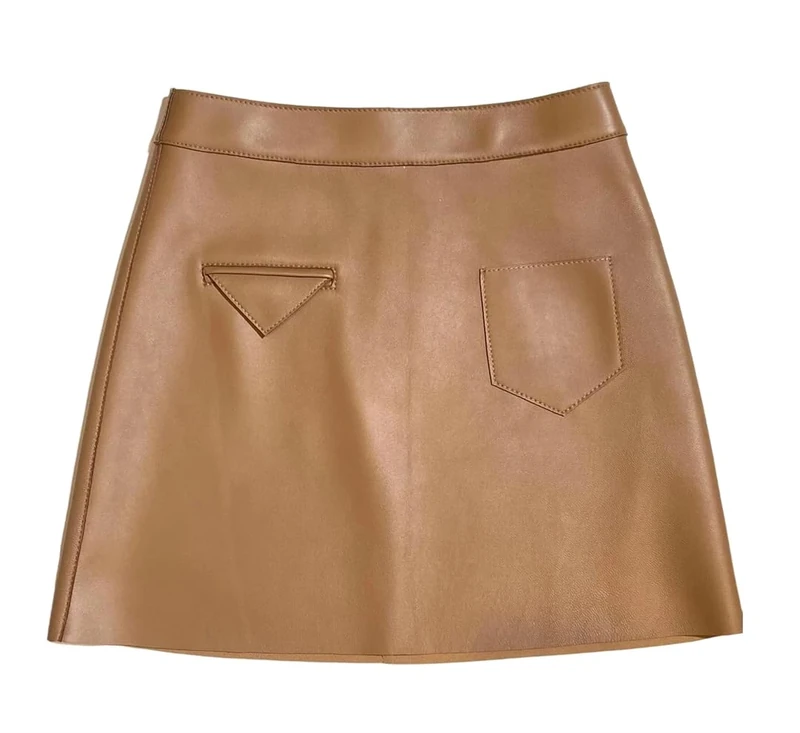 Women Solid Sheepskin Skirt Mini Genuine Leather A-Line Skirts Spring Fall Khaki