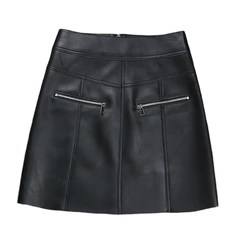 Women's Sexy Leather Skirts Soft Sheepskin High Waisted Slim Fit Mini Skirt with Zipper Black