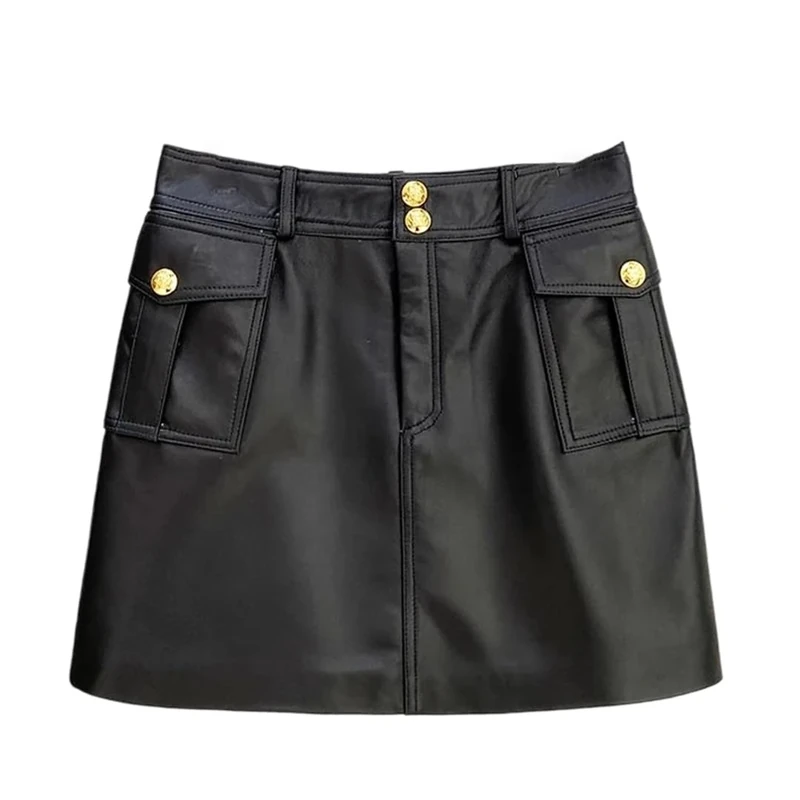 Women's Leather Skirts Mid Waisted A Line Sheepskin Mini Wrap Skirt with Pockets Spring Fall Black