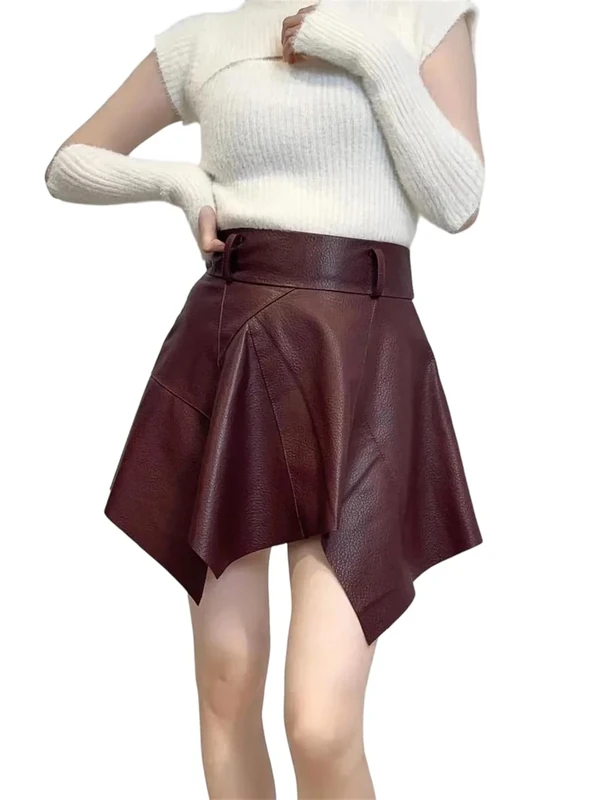 Women Genuine Leather Lambskin Mini Skirt Sexy A-Line High-Waisted Mini Skirts Spring Fall High-Waisted Brown