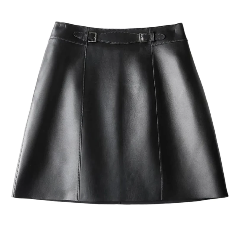 Women Genuine Leather Mini Skirt - High Waist Vintage A-Line Black