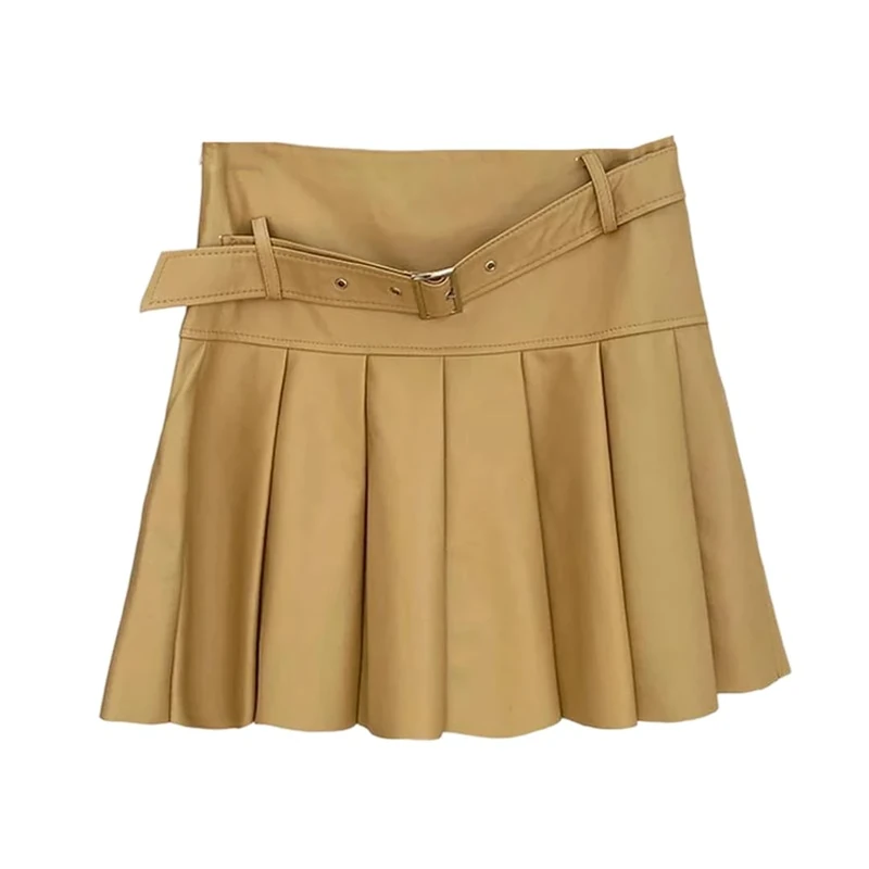 Women's Genuine Leather High Waisted Pleated Skirts Slim Fitting Belted Mini Sheepskin Skirt Khaki