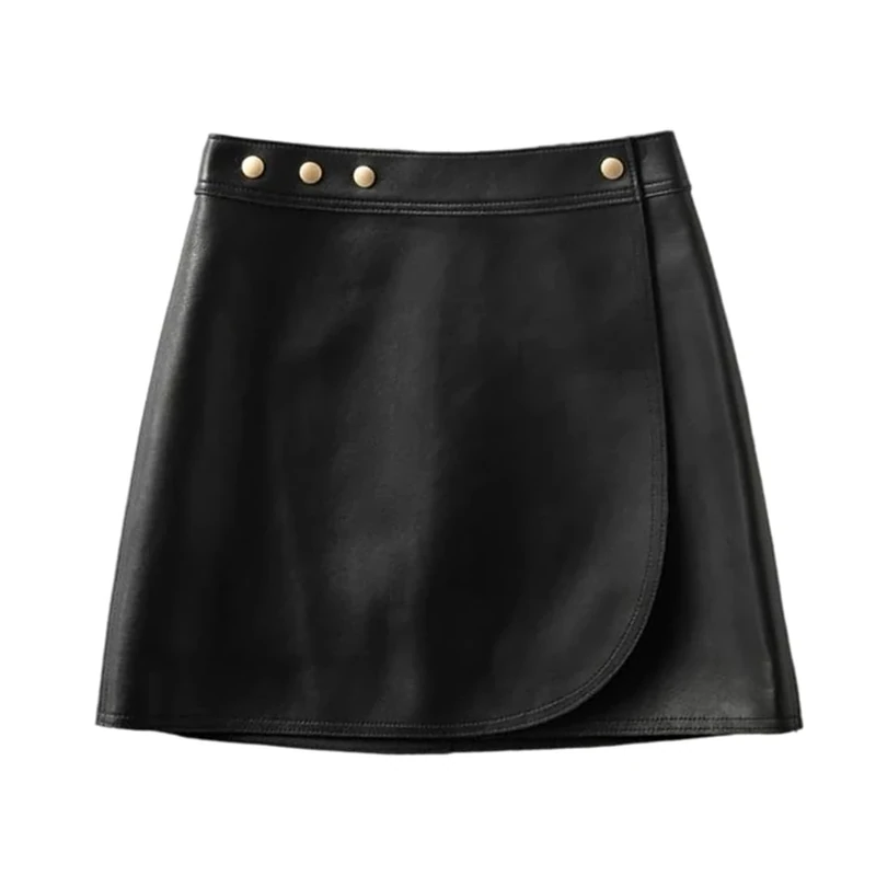 Women Genuine Leather Mini Skirt Slim Fit Side Slit A-Line Bodycon Skirts Fall Winter Black