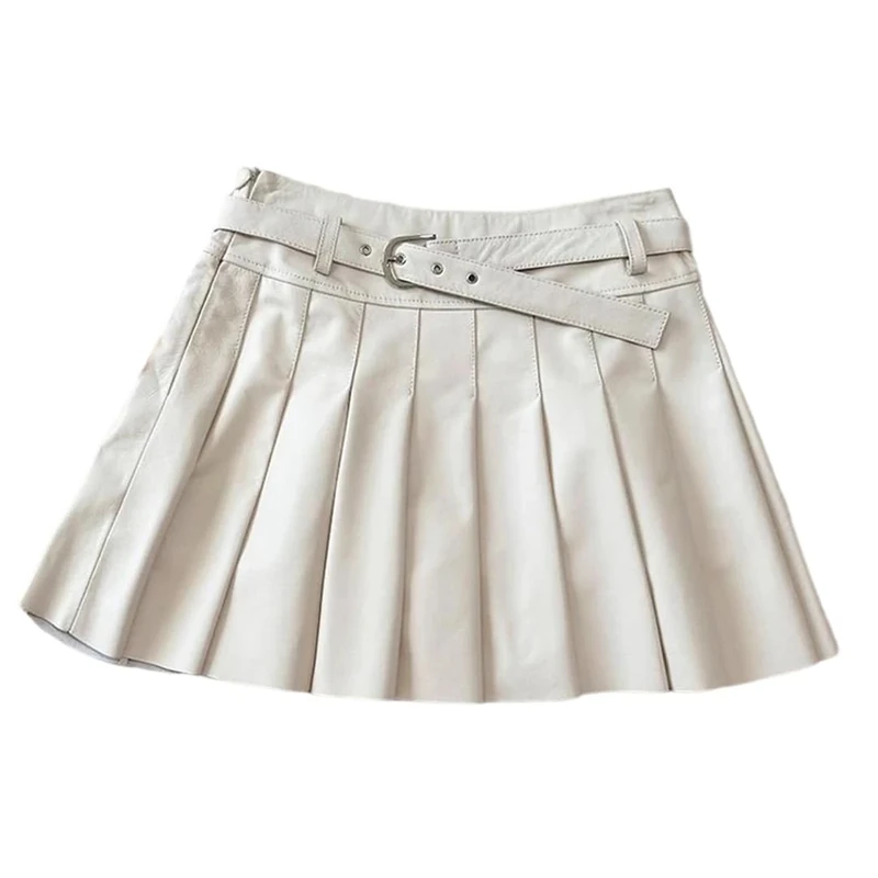 Women's Genuine Leather Pleated Skirts High Waisted Slim Fit Sheepskin Mini Skirt with Belt White