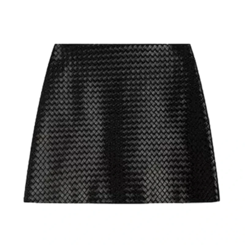 Women Woven Texture Genuine Leather Mini Skirt Simple A-Line Bodycon Skirts Black