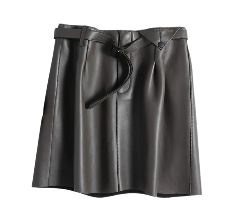 Women Genuine Leather Sexy Skirt Spring High-Waisted Buttoned Vintage A-Line Skirt with Belt Mini Skirts Gray