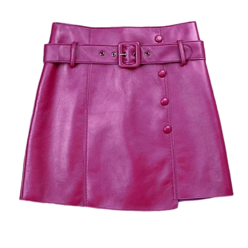 Women's Genuine Leather Mini Skirts Asymmetrical with Belt