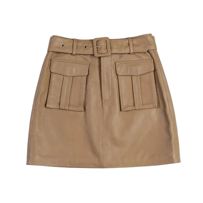 Women's Genuine Leather Mini Skirts Large Pockets Belted Spring Fall Khaki