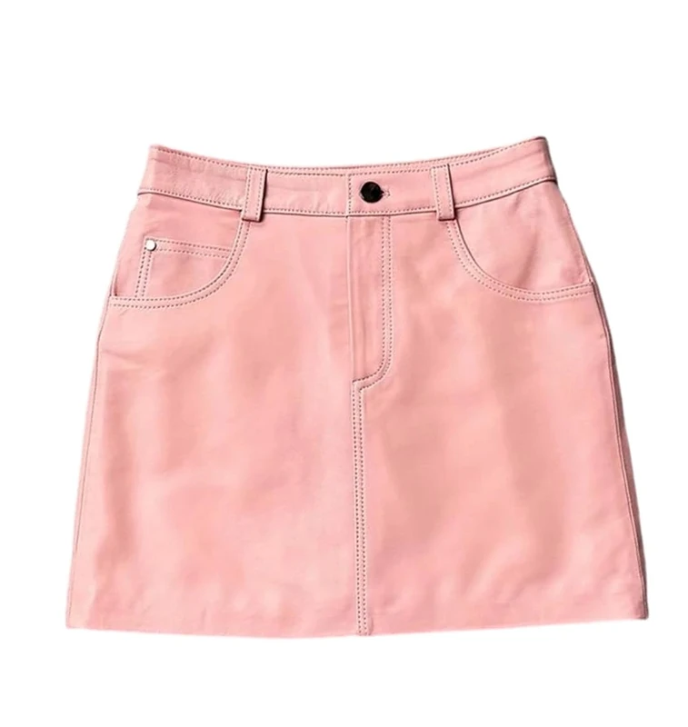 Women's Genuine Leather A Line Skirts Solid High Waisted Slim Fit Sheepskin Mini Skirt with Pockets