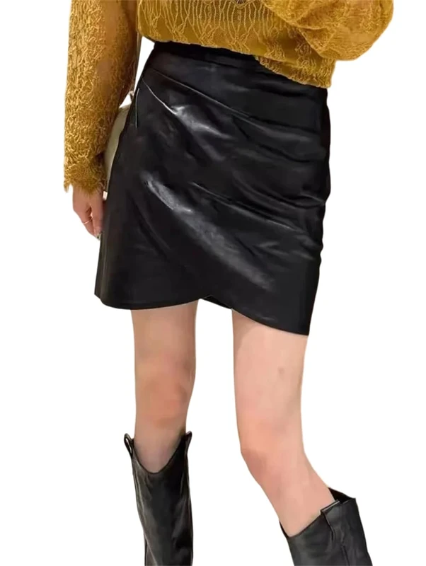 Women Genuine Leather Pleated Front Mini Skirt Sexy Hip-Wrap Skirts Black