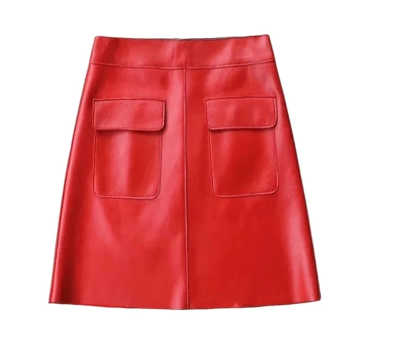 Women Genuine Leather Skirt A-Line Sheepskin with Pockets Back Zipper Fall Mini Skirts Red