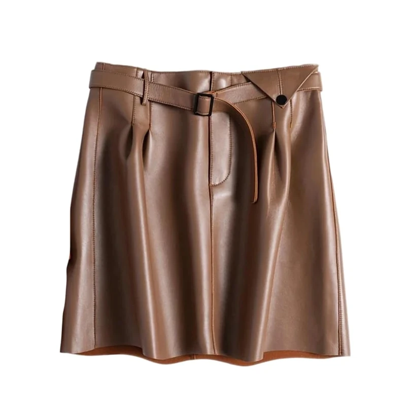 Women Genuine Leather Sexy Skirt Spring High-Waisted Buttoned Vintage A-Line Skirt with Belt Mini Skirts Brown