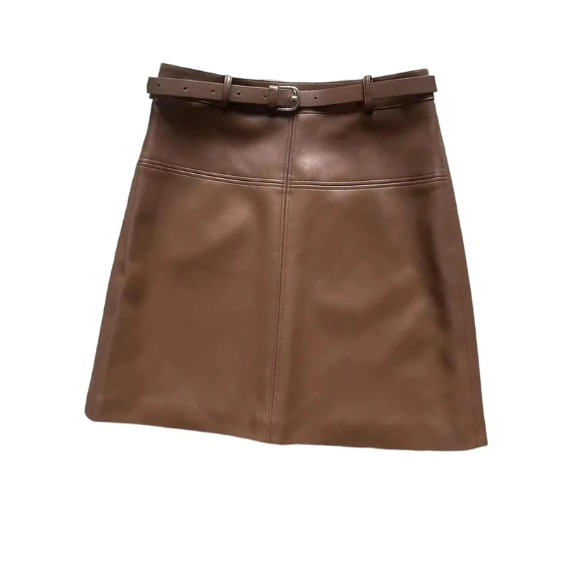 Women Genuine Leather Skirt Mini with Belt Skirts Fall Winter Coffee