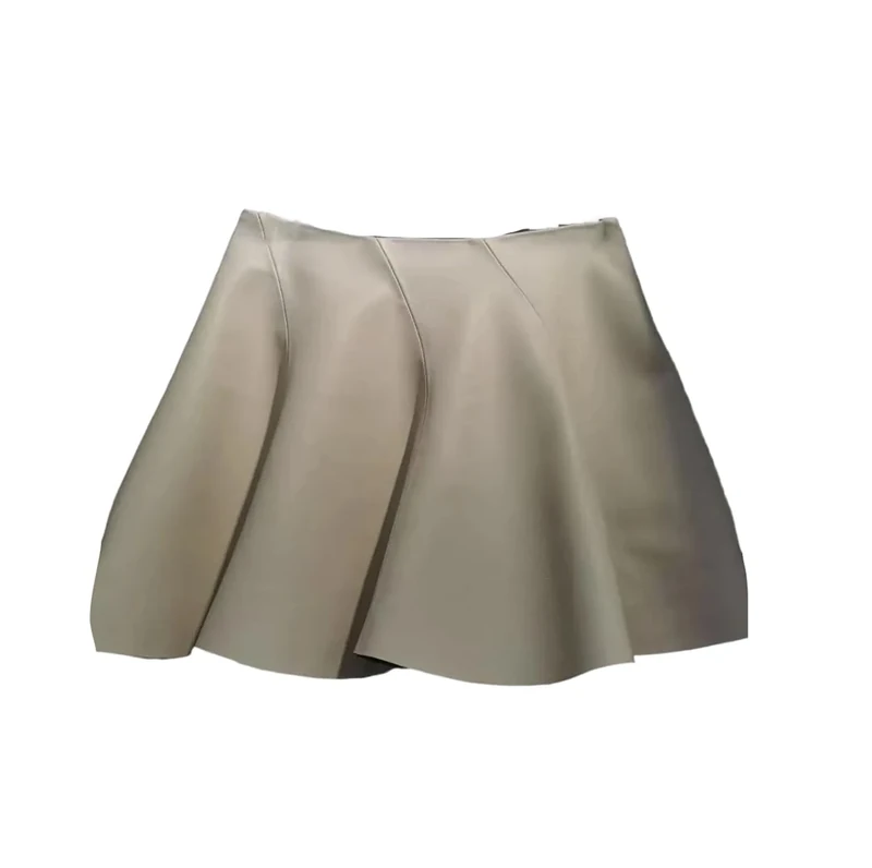 Women Genuine Leather Mini Skirt A-Line Ruffled Skirts White