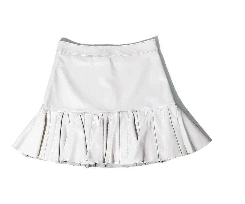 Women's Genuine Leather Mini Skirts Sheepskin Hip Wrap Fishtail Skirt High Waisted Slim Fit A Line Skirt White