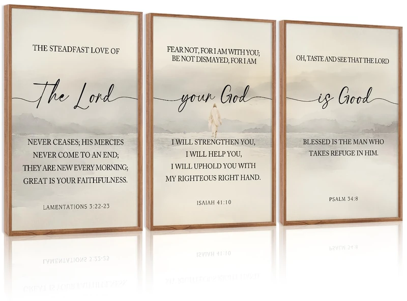 HLNIUC Jesus Scriptures Framed Wall Art,Inspiring Christian Scripture Wall Art Set of 3(24”x36”) The Lord Your God Is Good Bible Verse Wall Decor,Modern Religious Quotes Canvas Art Print for Home