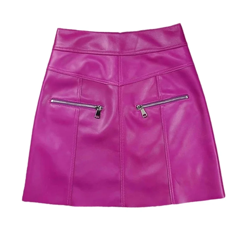 Women's Sexy Leather Skirts Soft Sheepskin High Waisted Slim Fit Mini Skirt with Zipper