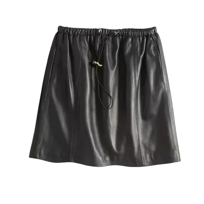 Women's Genuine Leather Skirts Simple Casual Slim Fitting Sheepskin Mini Skirt Elastic Waist Drawstring Black