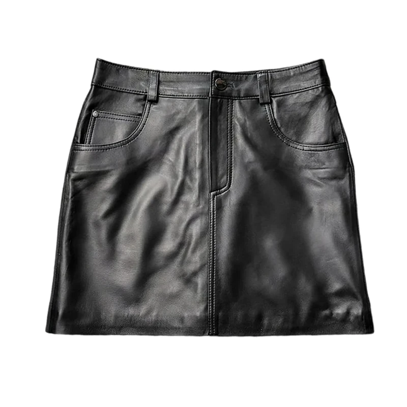 Women's Genuine Leather A Line Skirts Solid High Waisted Slim Fit Sheepskin Mini Skirt with Pockets Black