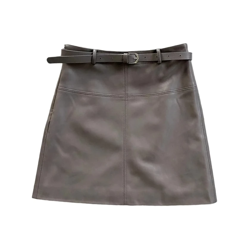 Women Genuine Leather Skirt Mini with Belt Skirts Fall Winter